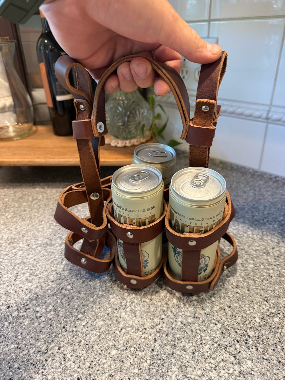 Brown Leather 6-Can Carrier Handle - Fyxation brand